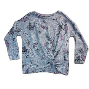 Lee Long-Sleeve Floral Pattern Twisted Front Hem Top Gray Purple Women's XL
